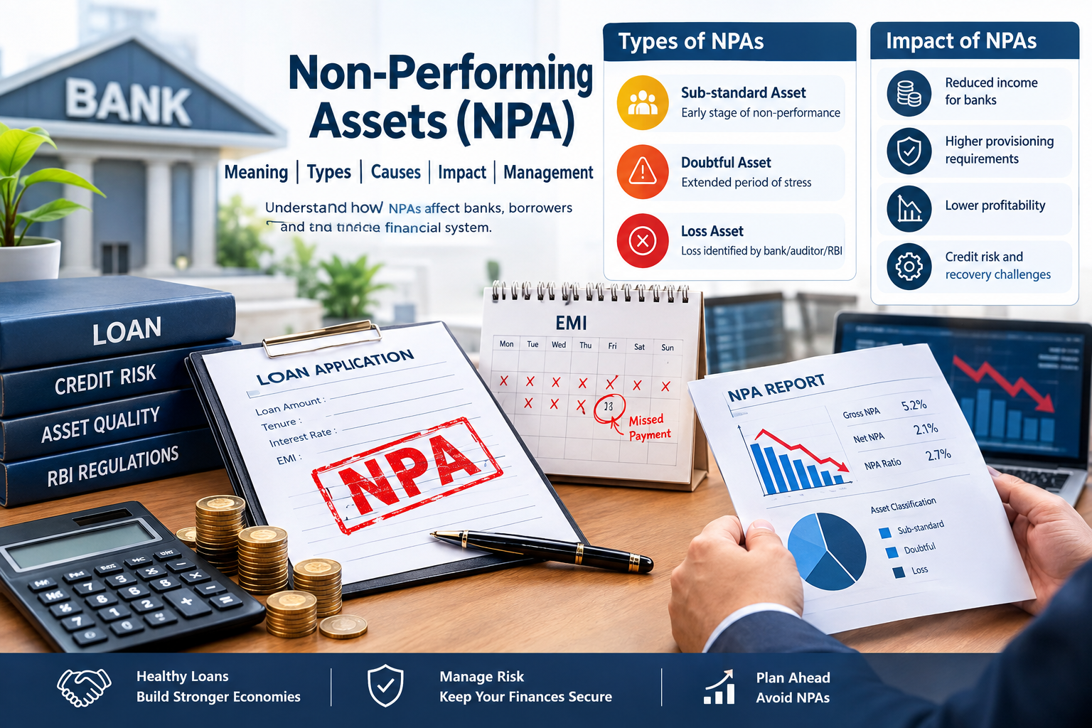 Non-Performing Assets (NPA) in banking showing loan defaults, missed EMI payments, NPA classification, financial risk, and asset quality management.